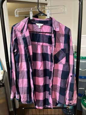 Time and Tru Pink and Navy Plaid Button-Up Shirt